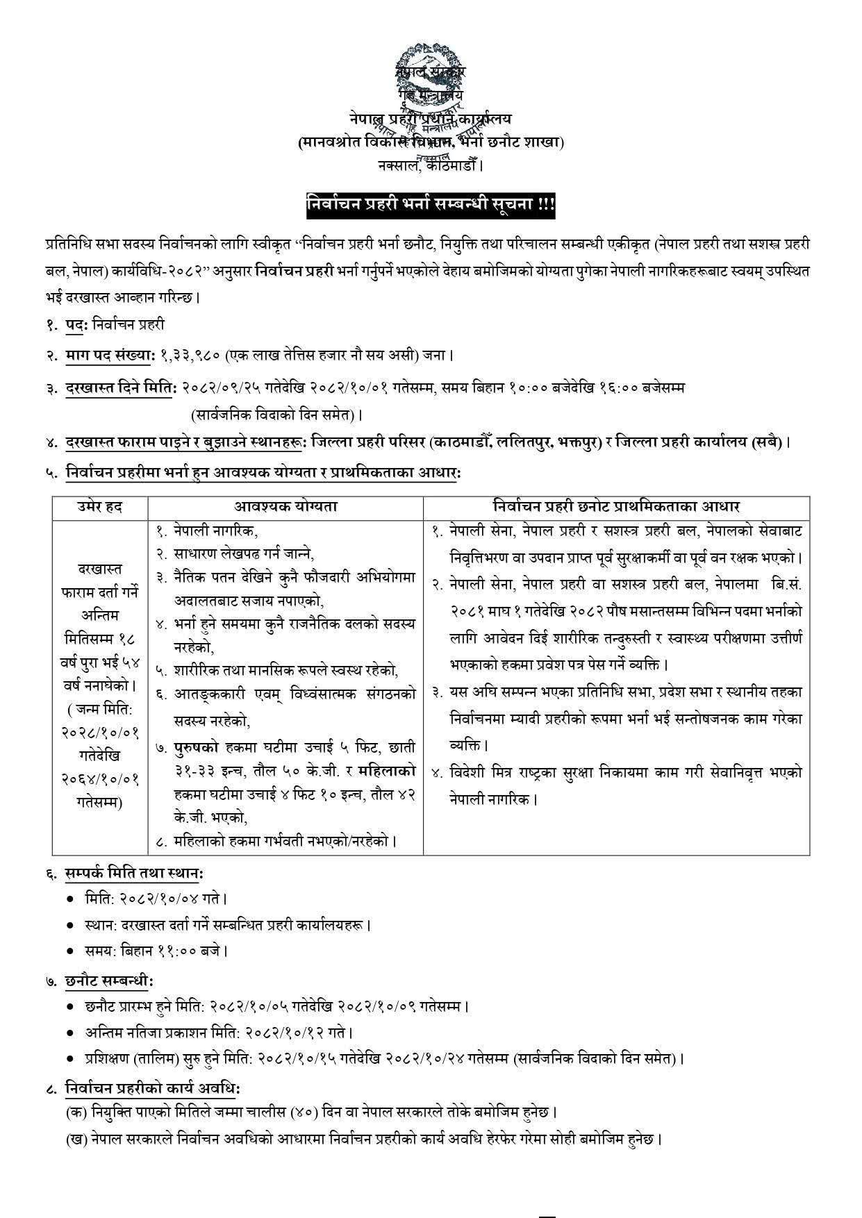 आसन्न प्रतिनिधिसभा निर्वाचनका लागि १ लाख ३३ हजार ९८० म्यादी प्रहरी भर्ना आह्वान
